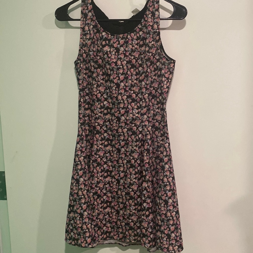 H&M Divided Black Pink Floral Skater Dress 4 S Small Sleeveles